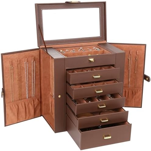 Kendal Extra Large Jewelry Box Jewelry Case PU Leather 6 Tier 5 Drawers Large Storage Capacity with Mirror Jewelry Storage Organizer Great Gift Also Good For Watches LJC-SHD5BN (Brown) by Kendal