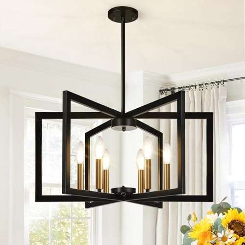 25"-61" Height Adjustable Modern Black and Gold Chandelier for Dining Room, No Assembly Required Dining Room Light Fixture Over Table, Industrial Metal Pendant Lights Fixture for Kitchen Island by BringBrightnesstoYourLife