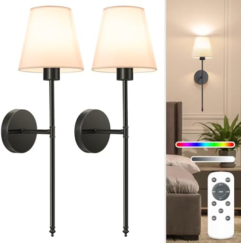 NIORSUN Battery Operated Wall Sconce Set of 2,Black Rechargeable Wall Lights with 10400mAh Dimmable Bulbs and Remote,10 Colors Wireless Wall Lamps for Bedroom Living Room Hallway Decor by NIORSUN