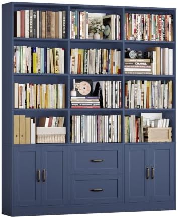 HOSTACK 71" Tall Triple Wide Bookshelf with Storage Drawers & Doors, Blue by HOSTACK