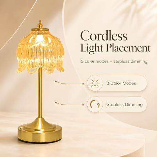Lotus Flower Table Lamp, Cordless Rechargeable Amber Glass Bedside Lamp | 3600mAh Battery, Touch Control, 3 Color Modes & Stepless Dimming for Bedroom, Nightstand Golden 1PC - Image 2