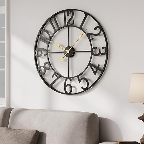 Cuspin 20 Inch Wall Clock for Living Room Decor Black Metal Round Clock - Image 2