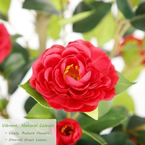 Nafresh 4FT Lush Artificial Red Camellia Tree Outdoor 2 Pack, 48inch Faux Camellia Plant, Fake Camellia Flowers Tree for Indoor Outdoor Living Room Home Patio Front Door Garden Decor - Image 3