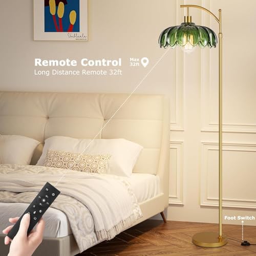 ILLMTW Gold Floor Lamp for Living Room,Bedroom,Mid Century Modern Standing Lamp with Remote,Dimmable Brass Tall Lamp Vintage Retro Green Glass Arc Floor Flower Floor Light Boho Bohemian - Image 4