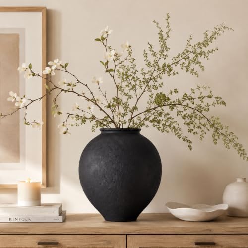 Large Blak Ceramic Vase - 11.8 Inch Large Black Round Vase, Rustic Farmhouse Vase for Home Decor, Dining Table, Shelf, Bedroom, Living Room, Kitchen, Office, Bathroom, Mantle, Centerpiece Décor - Image 3