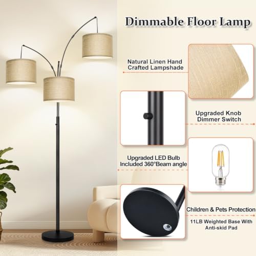 Nintiue Dimmable Floor Lamp, 3 Lights Black Arc Floor Lamp, Modern Tall Standing Tree Lamp with Champagne Linen Shades & Heavy Base, 3000LM LED Bulbs, Bright Lighting for Living Room, Bedroom, Office - Image 5