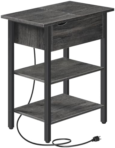 HOOBRO End Table with Charging Station, Narrow Side Table, Flip Top Nightstand with USB Ports and Outlets, Bedside Tables with Shelf for Small Spaces, Living Room, Charcoal Black BC341BZ01 by HOOBRO
