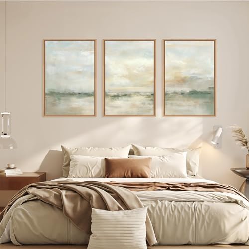 LHIUEM Large Abstract Green Gray Pastel Framed Canvas Wall Art,Neutral Landscape Wall Decor,Modern Watercolor Lake Artwork,Beige Textured Illustrations Art for Living Room,Bedroom,Office- 16"x24"x3 - Image 5