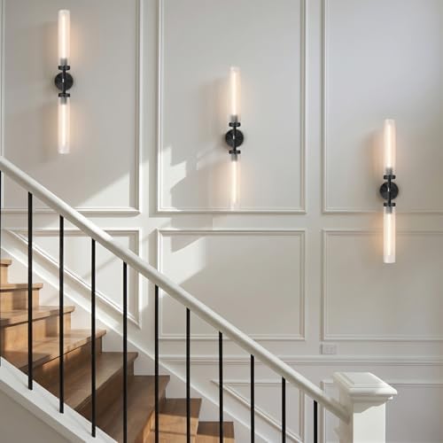 2Pc 30" Knurled Black 2 Light Wall Sconces, Long Modern Hardwired Bathroom Vanity Light, Frosted Glass Tube Linear Modern Wall Light Fixtures, for Mirror, Bedroom, Living Room, Hallway - Image 6