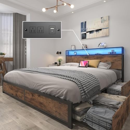 Lifezone Queen Bed Frame with 2-Tier Storage Headboard, Metal Platform Bed Frame with 4 Storage Drawers, Built in Charging Station & LED, Noise-Free/Metal Support/No Box Spring Needed, Vintage Brown by Lifezone