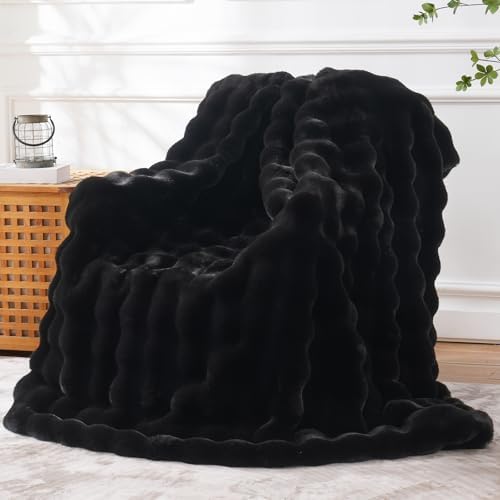 BENVWE Faux Fur Throw Blanket for Couch - Thickened Fluffy Soft Bubble Blanket for Living Room Home Decor - Fathers Day Birthday Gifts for Women Men, Black, 50" x 60",1300GSM by BENVWE