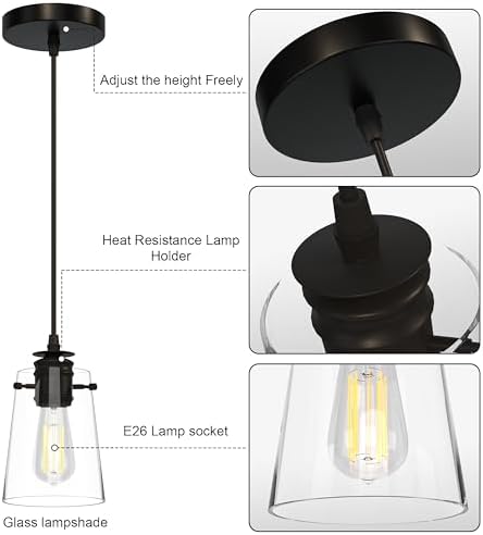 Modern Farmhouse Minimalist Pendant Light, 5.91" Glass Shade Hanging Fixture with 55" Adjustable Cord, E26 Socket for Kitchen Island, Bedroom, Hallway, Bar, Black 1pcs - Image 3