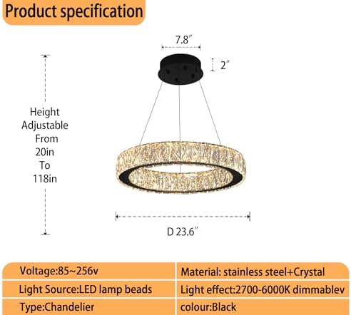 Modern 23.6'' Ring Crystal Chandelier Adjustable LED Ring Pendant Light Dimmable Black Round Crystal Chandelier Light for Dining Room Living Room - Image 3