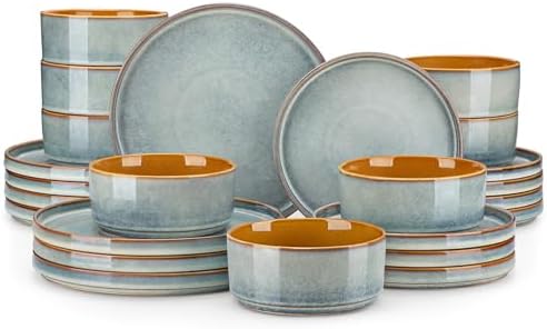 vancasso ONION Ceramic Plates and Bowls Sets, 24 Pieces Light Blue Dinnerware Sets for Kitchen, Reactive Glaze Dishes Set for 8, Dishwasher and Microwave Safe by vancasso