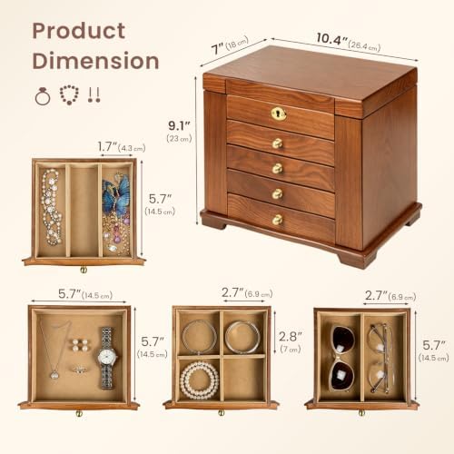 Wood Jewelry Box Organizer 5-Drawer Lockable with Mirror - Image 2