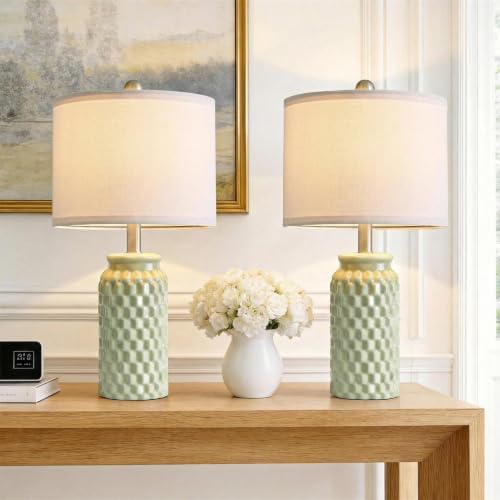 20.5" Small Bedside Lamps Set of 2, Green Ceramic Nightstand Lamp by VORTETHER