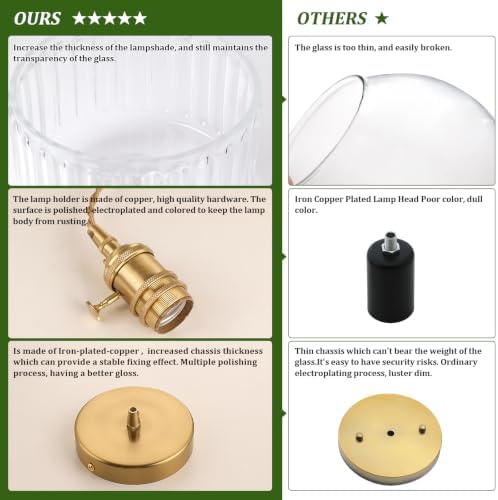 Shenmoyl Pendant Light 2 Pack with Clear Striped Glass Lmapshade, Brass Vintage Pendant Light Adjustable Hanging Light for Kitchen Island Dining Room Hallway - Image 6