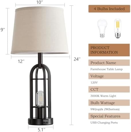 SRJJA 24" Farmhouse Table Lamps for Living Room Bedroom Set of 2, USB A+C - Image 6