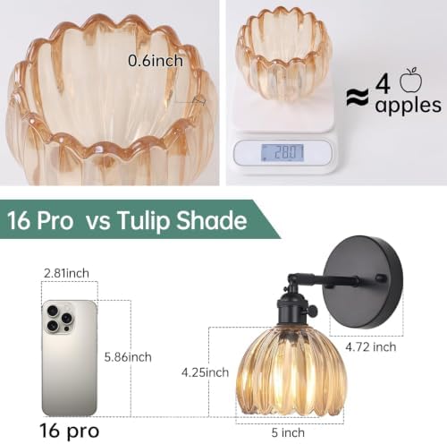 Shenmoyl Vintage Wall Sconce with Amber Tulip Glass Lampshade 180 Degree Adjustable Black Sconce Hradwired Modern Wall Lighting Fixture with Switch for Bedside Bedroom Doorway - Image 3