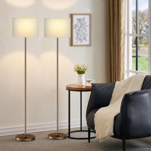 Ambimall 60'' Modern Floor Lamp Set of 2, 2PK Tall Lamps for Living Room Bedroom, Beige Shade with Brown Pole(Without Bulb) by Ambimall