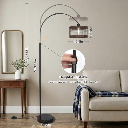 Arc Floor Lamps for Living Room with Remote and Dimmable LED Bulb, Vintage Wood Floor Lamp for Bedroom, Farmhouse Standing Lamp for Corner, Industrial Black Tall Lamp, Over Couch Arched Reading Light - Image 3