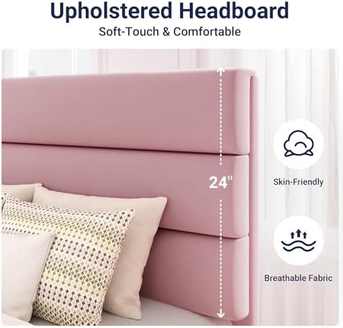 Allewie Twin Size Platform Bed Frame with Velvet Upholstered Headboard Pink - Image 4