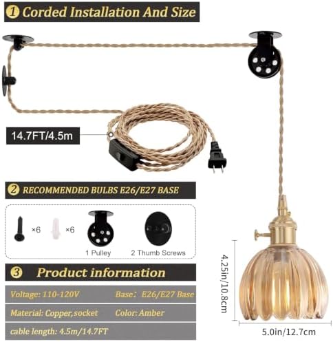 Shenmoyl Plug in Pendant Light Hanging Light Fixture Corded On/Off Switch Brass Pendant Light with Amber Tulip Glass Lampshade for Bedroom Living Room Kitchen Island - Image 6