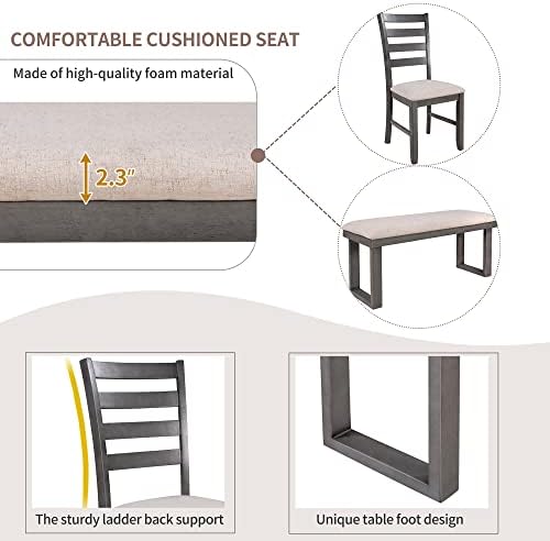 6 Piece Kitchen Dining Table Set with Rectangular Table and Comfortable Cushioned Seat, Farmhouse Rustic Wood Dining Room Set for 4-6 Persons, Dining Set for Family (Gray-1) - Image 6
