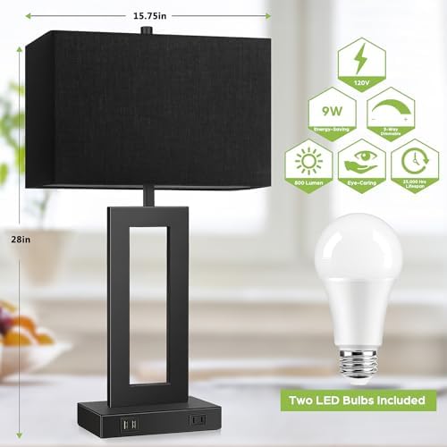 TOBUSA 28" Black Modern Table Lamp Set of 2 with 2 USB Ports&AC Outlet - Image 3