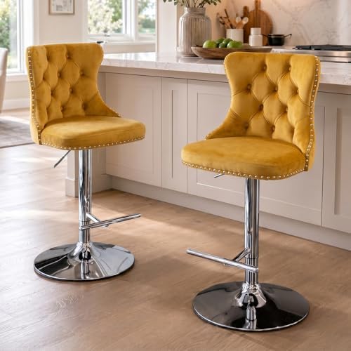 SoarFlash Velvet Bar Stool Set of 2, Adjustable Swivel Bar Stools with Silver Plated Metal Leg, Button Tufted, Footrest, Chrome Nailhead, Counter Height Chair for Kitchen, Bar, Dining Room (Gold) by SoarFlash