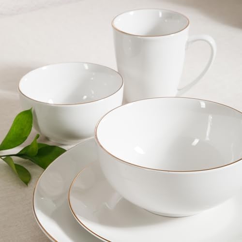 Gibson Home Ogalla 30 Piece Plates, Bowls, & Mugs Dinnerware Set - Service for 6 - White Porcelain W/Gold Band - Image 2