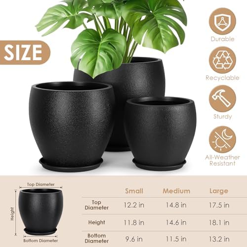 YNNICO 17.5/14.8/12.2 inch Set of 3, Large Plastic Planter with Saucer - Image 2