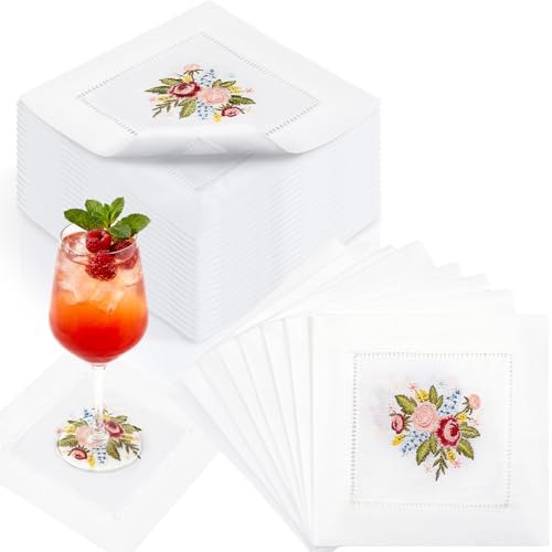 LemonRoad Embroidered White Linen Cocktail Napkin 6x6 Inch Floral Napkin Coasters Set of 12 Cloth Cocktail Washable Linen Hemstitch for Tea Party Cottagecore Bridal Shower Gift Wedding Decoration by Unknown
