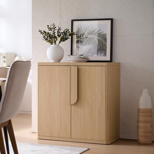 31.14'' Sideboard Buffet Cabinet W/Storage, Modern Accent Cabinets W/Curved Handles & Adjustable Shelves, 2 Doors Coffee Bar Buffet Table Credenza for Living Room Kitchen Hallway, Natural Oak - Image 2