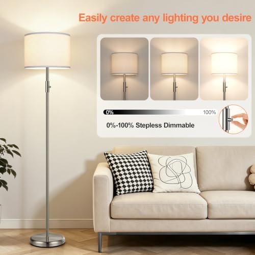Floor Lamp Simple Design with White Shade, Small Tall Lamps for Living Room Bedroom Office Dining Room Kitchen, Sliver Pole Lamp-Sliver - Image 2