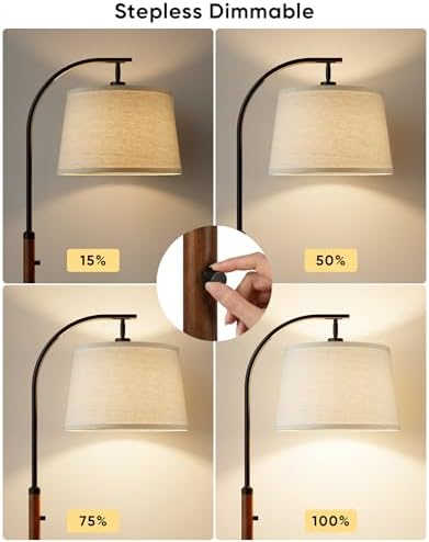 Dimmable Floor Lamp for Living Room, 65" Tall Metal Standing Lamp with LED Bulb, Mid Century Modern Arc Floor Lamp with Linen Shade for Bedroom, Reading Room, Office & Nursery, Black and Rustic Brown - Image 2