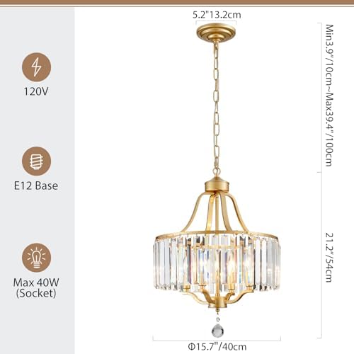 Gold Crystal Chandeliers for Dining Room, 4-Light Modern Round Chandeliers 15.7" for Living Room Kitchen Hallway Bedroom Foyer Hall, Adjustable Height Hanging Light Fixture - Image 2