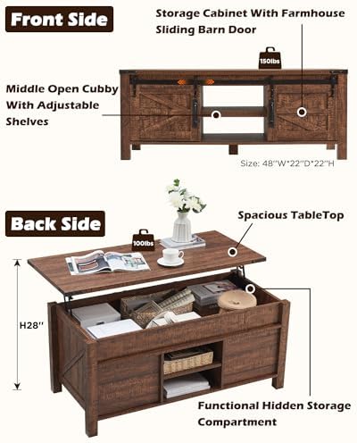 OKD 48" Farmhouse Lift Top Coffee Table Sliding Barn Door ReclaimedBarnwood - Image 3