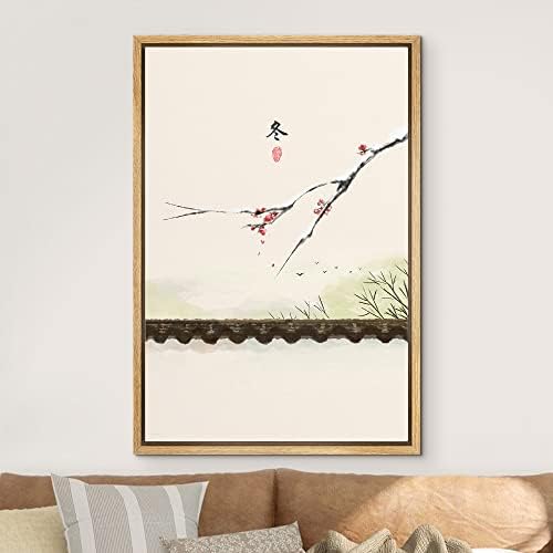 NWT Framed Canvas Print Wall Art Watercolor Chinese Style Cherry Blossoms & Birds Nature Wilderness Illustrations Modern Art Rustic Colorful Pastel for Living Room, Bedroom, Office - 16"x24" Natural - Image 3