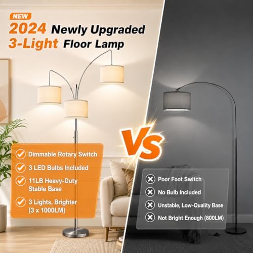 Nintiue Dimmable Floor Lamp - 3 Lights Brushed Nickel Arc Floor Lamps for Living Room,1000LM Modern Tall Standing Lamp with White Shades,Mid Century Tree Floor Lamp for Bedroom,3 LED Bulbs Included - Image 5