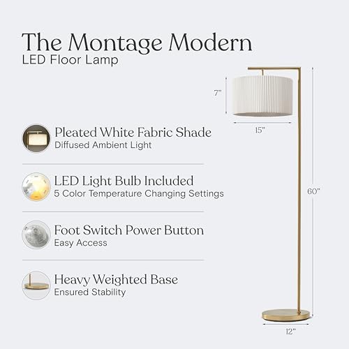 Brightech Montage Modern Floor Lamp - LED Standing Lamp with Tan Shade for Living Rooms & Offices - Bedroom Reading Light - Tall Corner Pole Lamp for Contemporary Home Decor - Antique Brass - Image 4