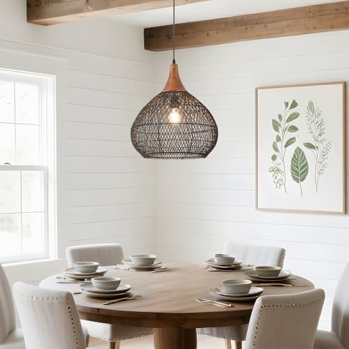 Black Rattan Pendant Light, 15.7" Rattan Chandelier Hand-Woven Wicker Pendant Light Fixtures with Solid Wood, Basket Hanging Lighting for Dining Room Kitchen Island Living Room - Image 5