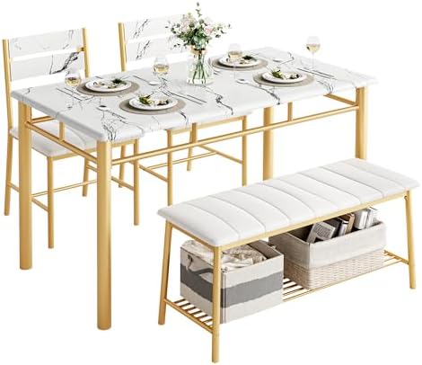 IRONCK Dining Table Set for 4, Kitchen Table and Chairs Set, White & Gold by IRONCK
