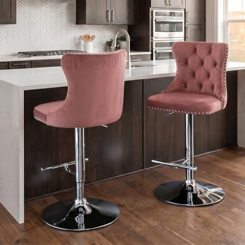 SoarFlash Velvet Bar Stool Set of 2, Adjustable Swivel Bar Stools with Silver Plated Metal Leg, Button Tufted, Footrest, Chrome Nailhead, Counter Height Chair for Kitchen,Dining Room (Pink) - Image 3