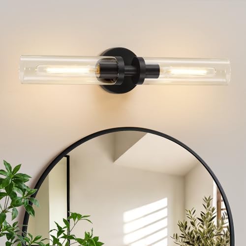 Indoi Matte Black Wall Sconces, Hardwired Bathroom Sconces Wall Lighting with Clear Glass, Modern Sconces Wall Light fixtures for Bathroom Mirror Living Room Hallway Bedroom by Indoibrightenyourbathroom