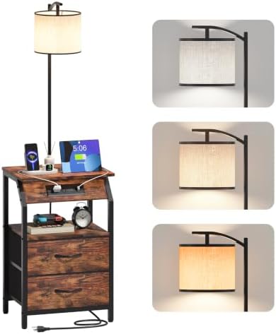 End Table with Floor Lamp, Nightstand with Charging Station, Floor Lamp Table with 3-Color Temperature Bulb, Bedside Table Night Stand with 2 Drawers for Bedroom, Living Room, Brown by Unknown