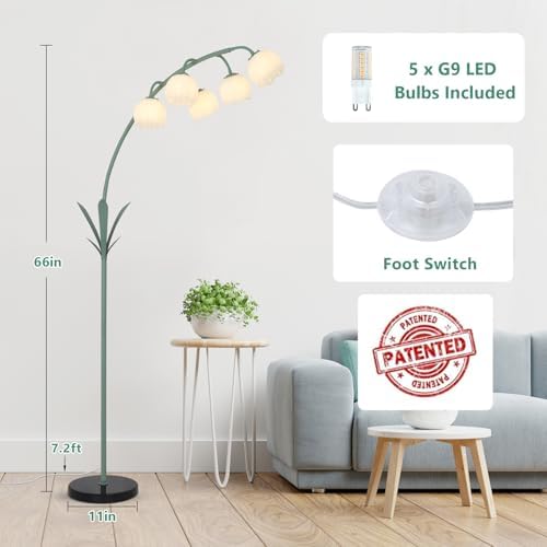 HMVPL Arc Floor Lamp for Living Room, Flower Floor Lamp with 5 G9 LED Bulbs, Foot Switch, Green Floral Standing Lamp with Acrylic Shade, Curved Tall Lamp for Living Room Bedroom Corner Kids Reading - Image 4