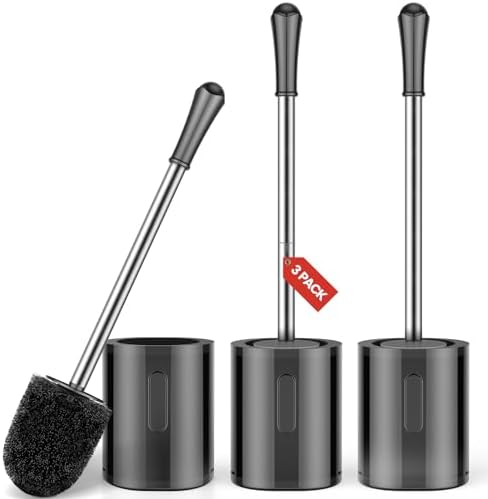 Toilet Brush and Holder, 3 Pack Compact Size Toilet Bowl Brush with Stainless Steel Handle, Small Size Plastic Holder Easy to Hide, Space Saving for Storage, Drip-Proof, Easy to Assemble Black by AONEZ