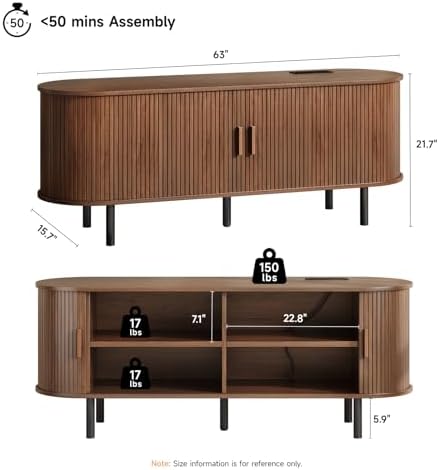 ONBRILL 63" TV Stand with Power Outlet & Storage for TVs up to 70", Walnut - Image 2