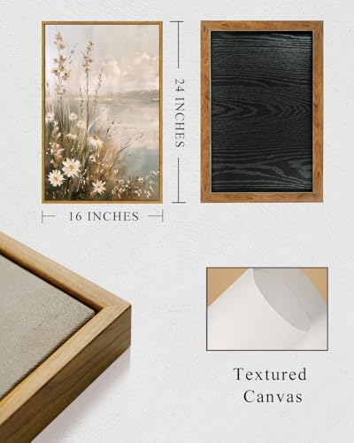 InSimSea Framed Canvas Wall Art Vintage Decor, Wildflowers Landscape Pictures Bathroom Wall Decor Aesthetic, Living Room Bedroom Flower Nature Home Decorations, 16x24inch - Image 3